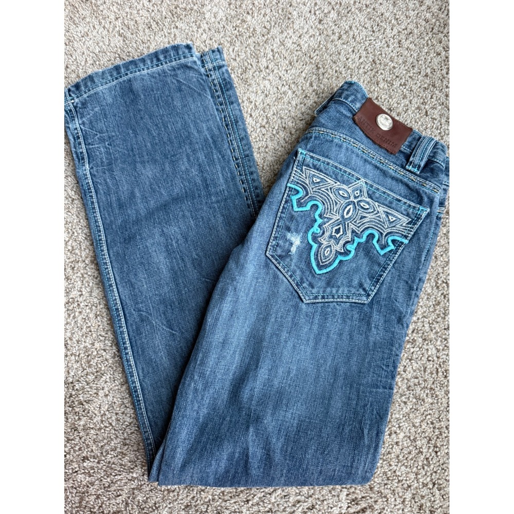 Antik Denim Mens Straight Leg Jeans Blue‎ Distressed Embroidered MN82603 Size 29